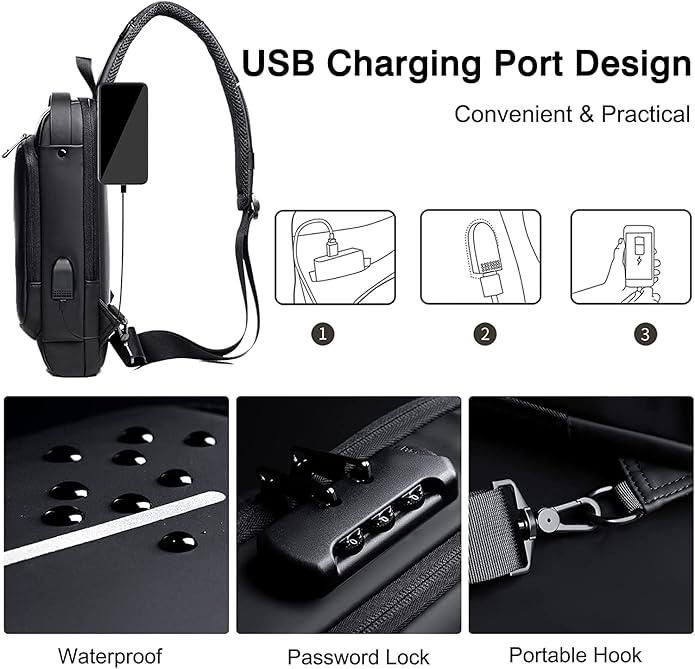 Unisex Sling Bag with USB Port – Waterproof, Anti-Theft, Crossbody Shoulder Bag