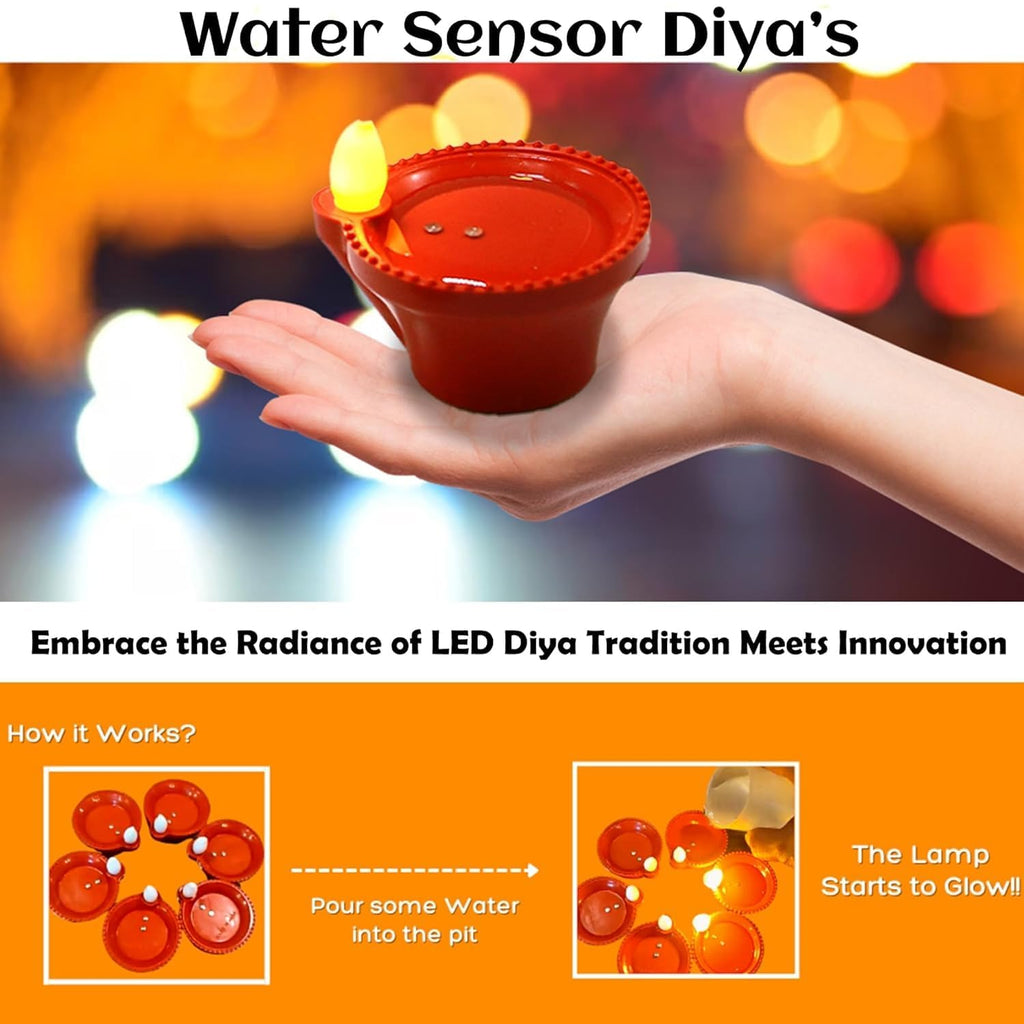 perpetual Water Sensor Diya for Home Decoration - 12 Pcs Electric Flameless & Smokeless LED Diya Lights